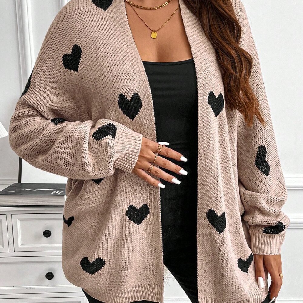 Coffee Brown Casual Women's Plus Size Heart Print Knitted Loose Cardigan - Picture 5 of 6